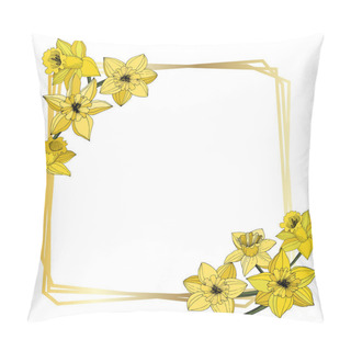 Personality  Vector Narcissus Flowers. Yellow Engraved Ink Art. Frame Border Ornament On White Background Polyhedron Mosaic Shape. Pillow Covers