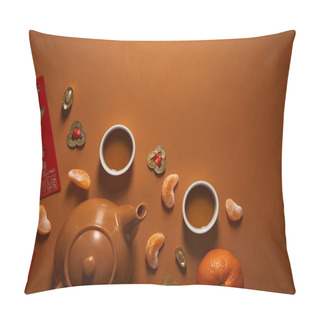 Personality  Top View Of Tea Set, Tangerines And Traditional Chinese Decorations On Brown Background  Pillow Covers