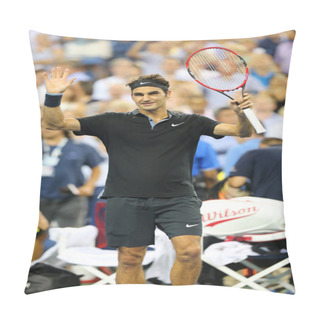 Personality  Seventeen Times Grand Slam Champion Roger Federer Celebrates Victory After Round 4 Match At US Open 2014 Pillow Covers