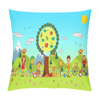 Personality  Children Summer Vacation In Park. Vector Set Of Summer Child's Outdoor Activities. Summer Children. Kids Playing Outside. Pillow Covers