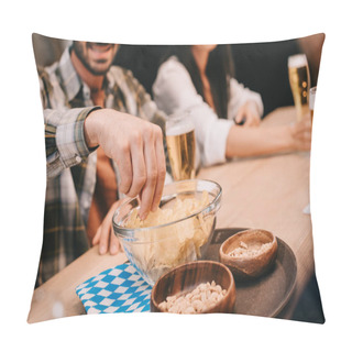 Personality  Cropped View Of Man Taking Chips From Bowl While Sitting With Friends In Pub Pillow Covers