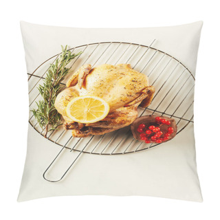 Personality  Top View Of Fried Chicken, Rosemary And Berries On Metal Grille With Lemon On White Table Pillow Covers