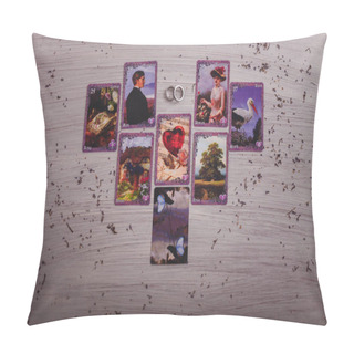 Personality  Divination Cards Alignment In The Heart Shape For Love And Family. Men And Women Relationships, Astrology, Fortune Telling And Belief Concept. Pillow Covers
