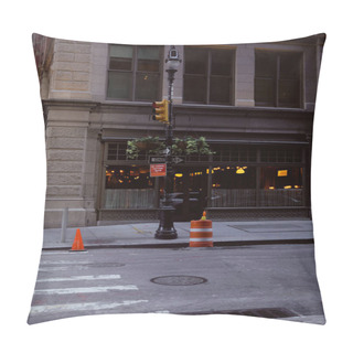 Personality  Street Pole With Flowerpots And Traffic Lights Near Building With Restaurant In New York City Pillow Covers