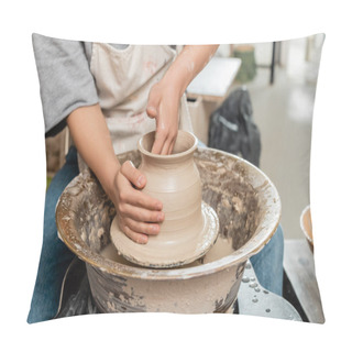 Personality  Cropped View Of Young Female Potter In Apron Molding Clay Vase And Working With Spinning Pottery Wheel In Blurred Ceramic Workshop At Background, Pottery Creation Process Pillow Covers
