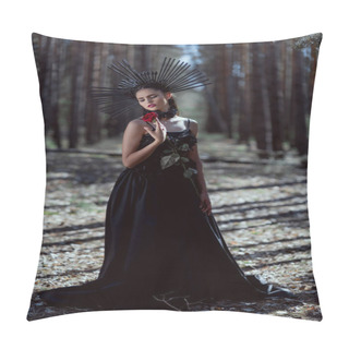 Personality  Young Woman In Witch Costume Closing Eyes, Holding Red Rose, Standing On Forest Background Pillow Covers