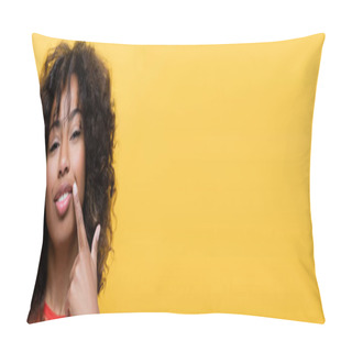 Personality  Brunette African American Woman Pointing With Finger At Her Smile Isolated On Yellow, Banner Pillow Covers