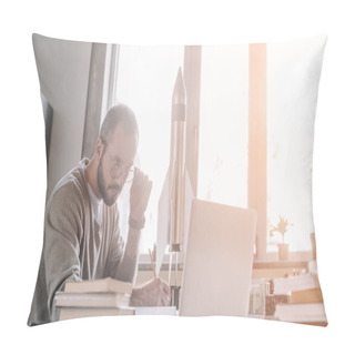 Personality  Handsome Engineer Modeling Rocket And Looking At Laptop At Home Pillow Covers