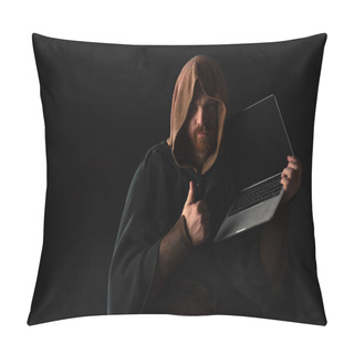 Personality  Medieval Scottish Redhead Man In Mantel Holding Laptop And Showing Thumb Up In Dark Isolated On Black Pillow Covers
