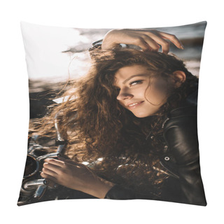 Personality  Attractive Curly Girl Sitting On Motorcycle Pillow Covers