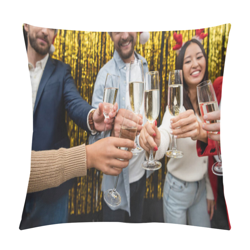 Personality  Blurred multiethnic business people holding champagne while celebrating New Year in office  pillow covers