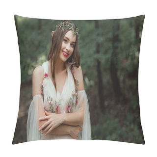 Personality  Attractive Smiling Girl In Dress And Floral Wreath Posing In Woods Pillow Covers