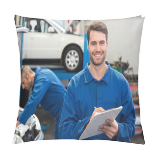 Personality  Smiling Mechanic Writing On Clipboard Pillow Covers