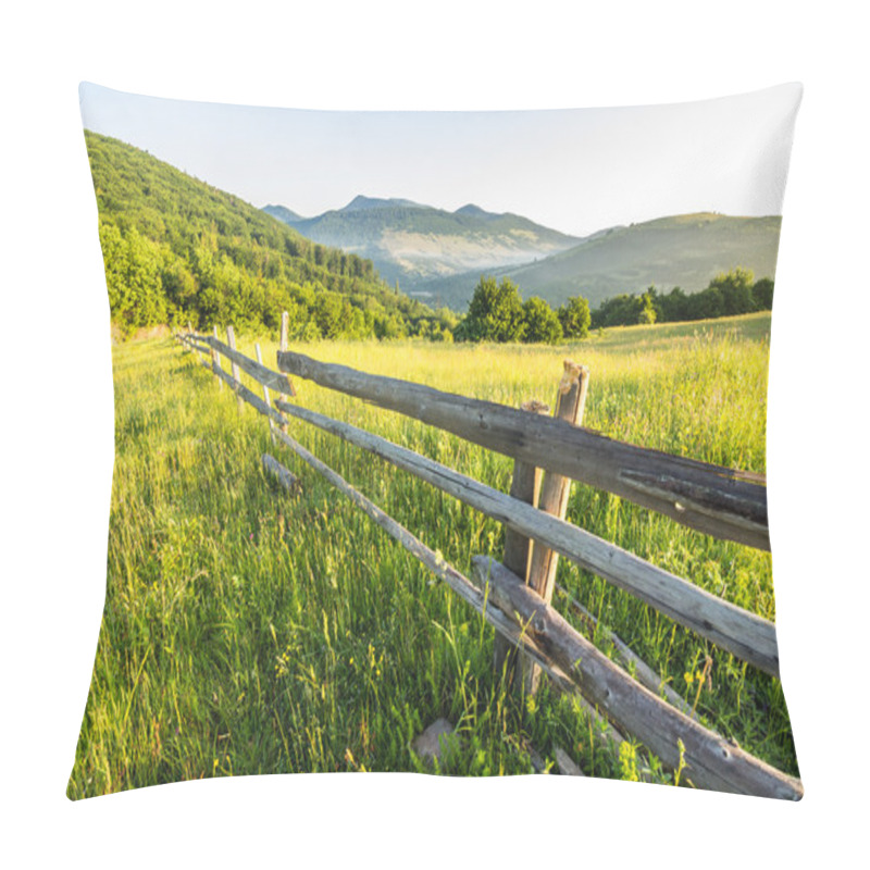 Personality  fence on hillside meadow in mountain pillow covers