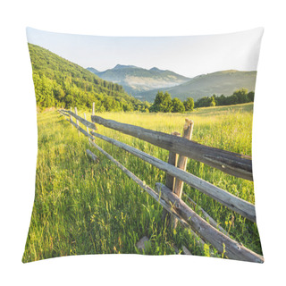 Personality  Fence On Hillside Meadow In Mountain Pillow Covers