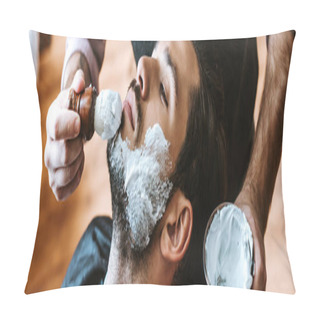 Personality  Panoramic Shot Of Barber Applying Shaving Cream On Face Of Bearded Man  Pillow Covers