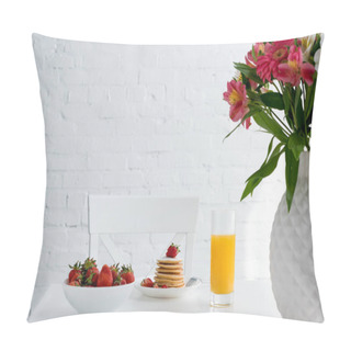 Personality  Delicious Pancakes With Strawberries And Orange Juice On Table With Flowers In Front Of White Brick Wall Pillow Covers