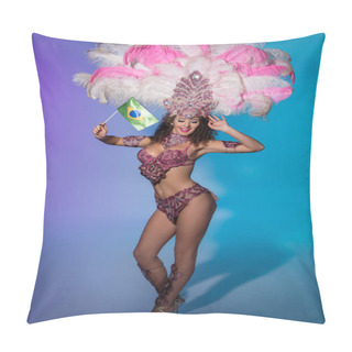 Personality  Happy Young Woman In Carnival Costume With Pink Feathers Holding Flag Of Brasil On Blue Background Pillow Covers