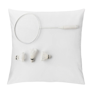 Personality  Top View Of Badminton Racket With Suttercocks In Row On White Surface Pillow Covers
