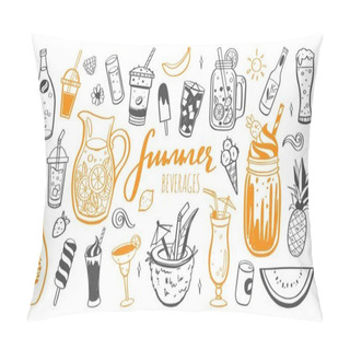 Personality  Vector Hand Drawn Set Of Cold Drinks, Summer Cocktails And Beverages With Fruits. Various Doodles For Beach Party, Bar, Restaurant Menu. Pillow Covers