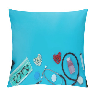 Personality  Table Top View Aerial Image Of Accessories Healthcare & Medical Background Concept.Essential Instruments Or Equipment Tools On Blue Paper.Flat Lay Essential Items For Doctor Using Treat Patient. Pillow Covers