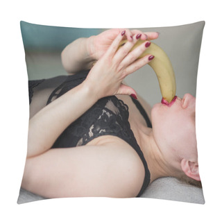 Personality  The Blonde In Black Lace Underwear Erotically Eats A Banana. Attractive Woman With Sensual Red Lips Sexually Sucks And Licks A Banana. Oral Pleasure. Pillow Covers