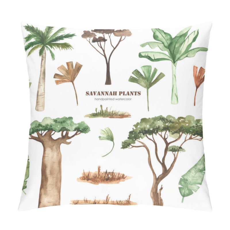 Personality  Savanna plants, palm trees, baobab, acacia, leaves, grass, dried flowers watercolor clipart pillow covers