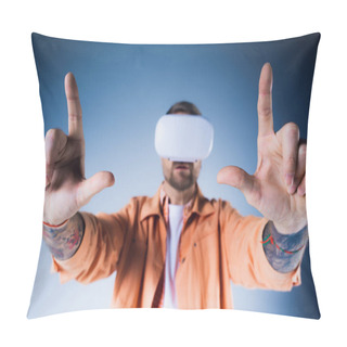 Personality  A Man In A VR Headset, Blindfolded With A Headband, Confidently Makes The Vulcan Sign In A Studio Setting. Pillow Covers