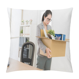 Personality  Asian Woman Packing And Cleaning Her Office Since She Is Going Tho Leave The Company And Resign. She Is Sad And Reluctant To Go Away. Pillow Covers