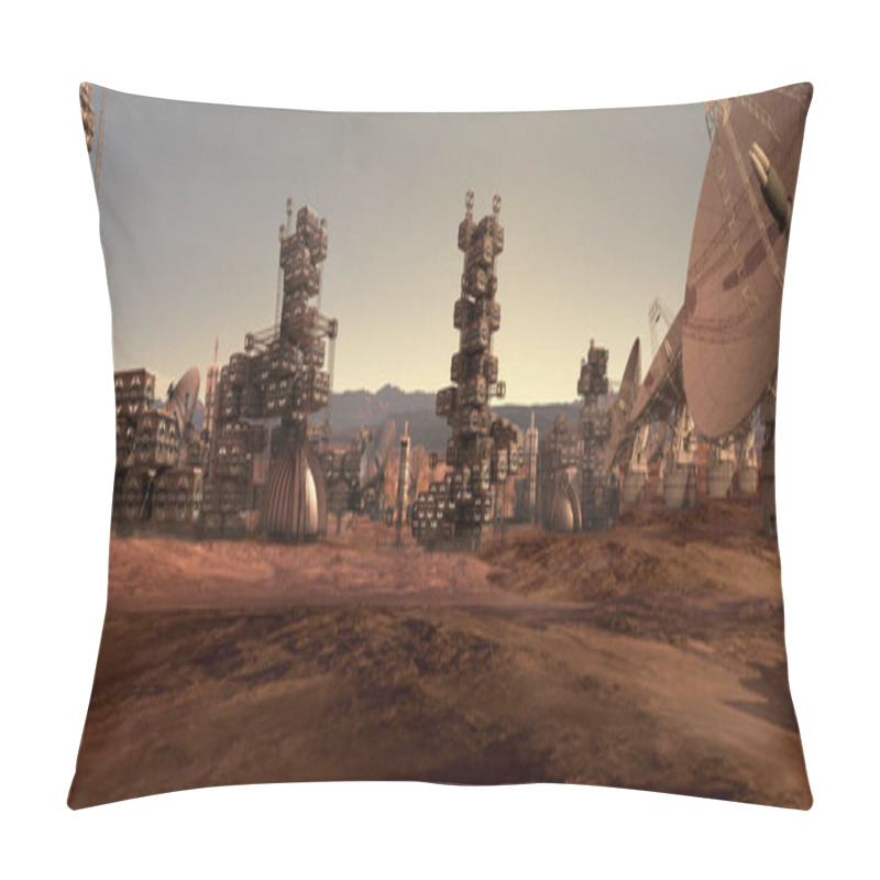 Personality  3D Illustration Of A Colony On A Mars-like Red Rocky Terrain With Industrial, Modular, Architecture And Communication Antennas, For Science Fiction Or Space Exploration Backgrounds. Pillow Covers