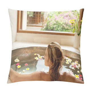 Personality  Back View Of A Young Woman Bathing In A Health Spa's Flower Bath. Pillow Covers