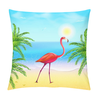 Personality  Flamingo On A Beach Under Palm Trees Against The Sky And The Sea Pillow Covers