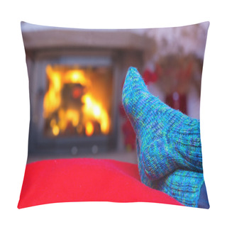 Personality  Feet In Woollen Blue Socks By The Fireplace. Pillow Covers