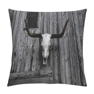 Personality  A Closeup Shot Of A Big Bull Skull On A Wooden Wall Pillow Covers