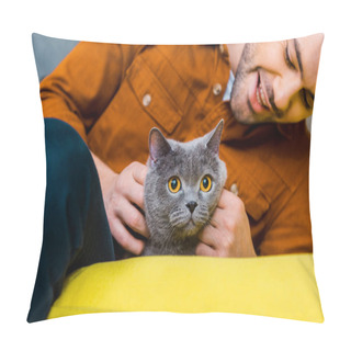 Personality  Casual Cheerful Man With British Shorthair Cat At Home Pillow Covers