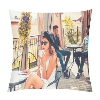 Personality  Modern Life. Pretty Woman Drink Coffee And Talk On Phone In Cafe. Woman Enjoy Drinking Espresso Or Cappuccino. Cute Woman In Coffee Shop. A Coffee Break For A Snack. Coffee Makes Everything Possible Pillow Covers