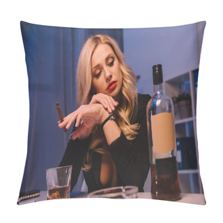 Personality  Seductive Woman Sitting With Cigar And Looking At Bottle Of Whiskey In Office Pillow Covers