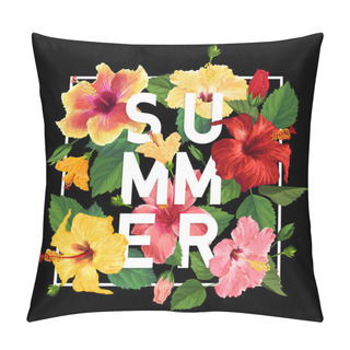 Personality  Hello Summer Poster. Floral Design With Red And Yellow Hibiscus Flowers For T-shirt, Fabric, Party, Banner, Flyer. Tropical Botanical Background. Vector Illustration Pillow Covers