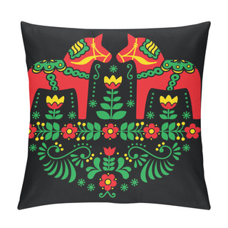 Personality  Swedish Dala Or Daleclarian Horse Floral Folk Art Pattern On Black Pillow Covers