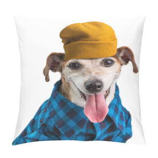 Personality  Hipster Dog In Blue Shirt And Yellow Beani Hat. White Background Pillow Covers