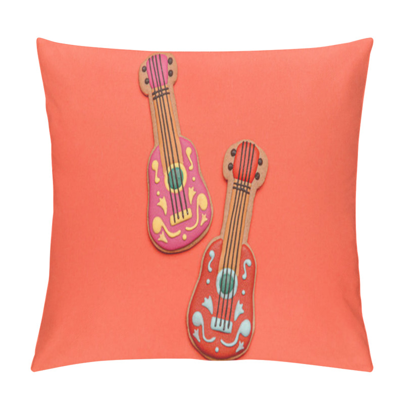 Personality  Guitar shaped cookies on red background. El Dia de Muertos pillow covers