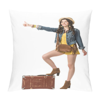 Personality  Full Length View Of Boho Girl With Suitcase Hitchhiking Isolated On White Pillow Covers