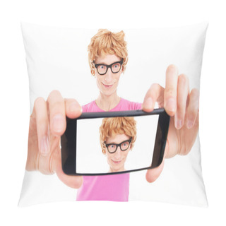 Personality  Funny Nerdy Guy Is Taking A Self Portrait With A Smart Phone Pillow Covers