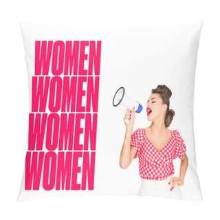 Personality  Portrait Of Fashionable Young Woman In Pin Up Style Clothing With Loudspeaker And Women Repeating Words Isolated On White Pillow Covers