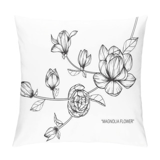 Personality  Magnolia Flower. Drawing And Sketch With Black And White Line-art. Pillow Covers