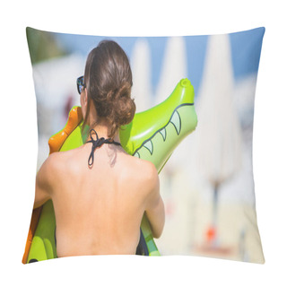 Personality  Back View Of Young Brunette Woman Hugs An Inflatable Crocodile Or Dinosaur On The Beach, Wearing Black Swimsuit (shot From Behind) Pillow Covers