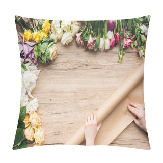 Personality  Cropped View Of Florist With Kraft Paper And Colorful Flowers On Wooden Surface Pillow Covers