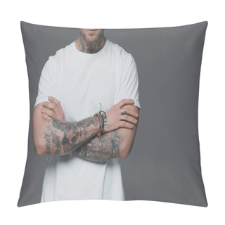 Personality  Cropped Shot Of Young Man With Tattoos Standing With Crossed Arms Isolated On Grey Pillow Covers