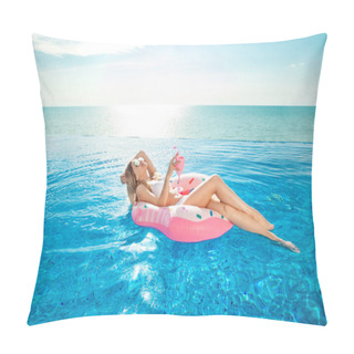 Personality  Summer Vacation. Woman In Bikini On The Inflatable Donut Mattress In The SPA Swimming Pool. Pillow Covers