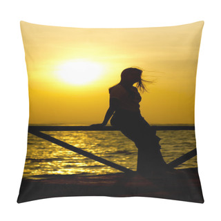 Personality  Stock Photo Stock Photo: Profile Of A Woman Silhouette Watching Sun On The Beach At Sunset Pillow Covers